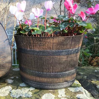 Round Whisky Barrel Planter Outdoor Garden Plastic Plant Flower Herb Pot 32cm • £8.59