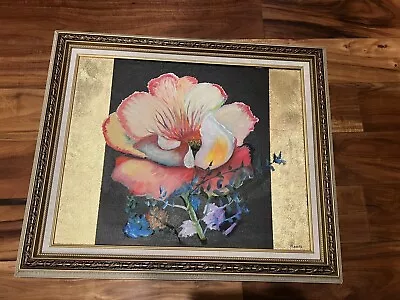 Vintage Original Hibiscus Oil Painting Bright With Gold • $45