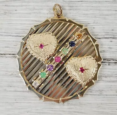 Vintage Double Heart Locket 14K Yellow Gold Rainbow Gemstone Pendant 50's Luxury • $1198