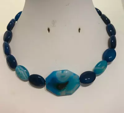 14.5  Memory Wire Choker Necklace With Blue & Turquoise Dyed Agate Beads • £8.50