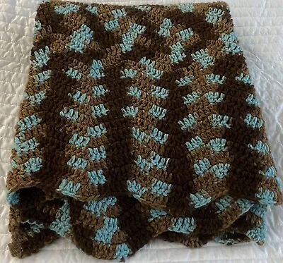 Handmade Crochet Afghan Blanket Throw Vintage 45” X 68” Blue And Brown • $25