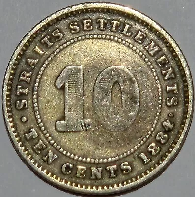 1884 British Straits Settlements Victoria Silver 10 Cents Km-11 Toned Original • $0.99