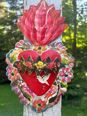 Corazon Heart With Banner 3D Mexican Handmade Painted Tin Milagro 9.5x6 Z39 • $25.90