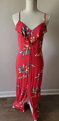 Express Maxi Dress Medium Red Floral Smocked Ruffled Sleeveless With Front Slit • $15