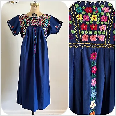 1970s Oaxacan Mexican Huipil Dress Embroidered Boho Caftan Floral Cotton EUC VTG • $125