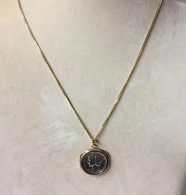 14k Gold Mercury Dime Pendant Necklace 16” • $298