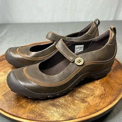 Merrell Shoes Womens 11 Brown Leather Mary Jane Comfort Wedge Plaza Emme Button • $32