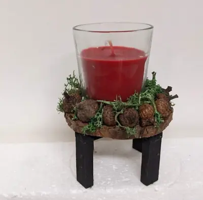 Wood Slice Farmhouse Rustic  Riser With Acorns Moss Red Candle Black Legs New • $15.99