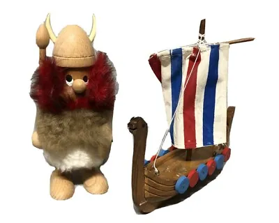 Set Denmark Wooden Viking Boat & Figurine Helmet Shield Ax Spiked Club Real Fur • $49