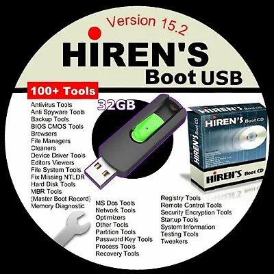 Hiren's Boot CD USB 15.2 32GB  Repair Diagnostics Virus Removal Tools • $16.99