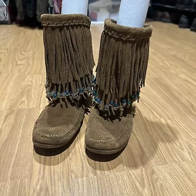 Minnentonka Moccasin Boots Suede Leather Brown Two-layer Fringe W/beads Size 8 • $35