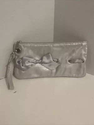Rolfs Leather Metallic Silver Clutch Wristlet Handbag Purse Bow Pocketbook • $29.99