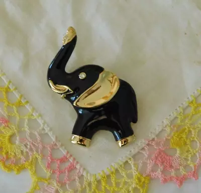 Monet Elephant Black Enamel Crystal Eyed Animal Brooch Signed Pin • $1