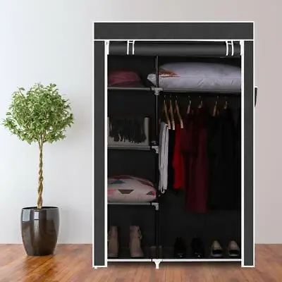 £19.99 • Buy Portable FABRIC CANVAS WARDROBE WITH HANGING RAIL SHELF CLOTHES STORAGE CUPBOARD