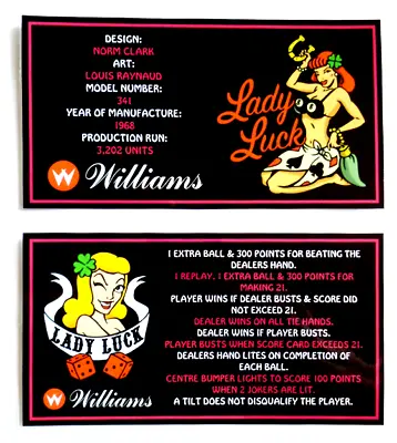 * * 'LADY LUCK' Williams 1968 Custom Instruction/Apron Cards * * (New) • £7