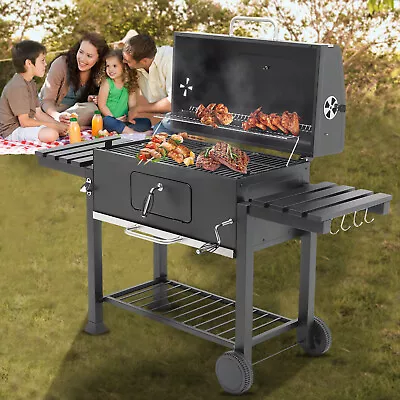 Outdoor Barbecue XXL Charcoal Grill BBQ Trolley &Wheels Garden Smoker Side Shelf • £209.95