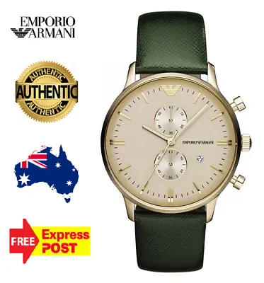 Emporio Armani Ar1722 Gold/green Leather Chronograph Mens Watch - New With Tags • $239.99