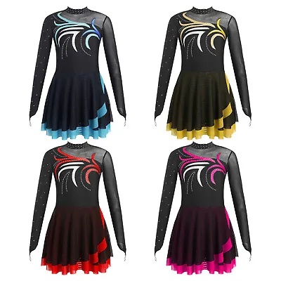 UK Girls Figure Ice Skating Dress Gymnastics Skirted Leotard Performance Costume • £17.66