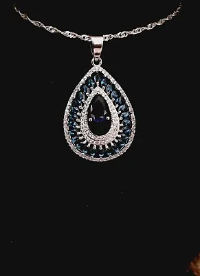 Dark Blue Tanzanite & Imitation Diamonds 925 Sterling Silver Pendant & Necklace • £25