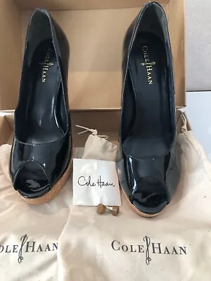 NIB Cole Haan Mariela Air OT Pump 10B Black Patent Leather/Cork Platform & Heels • $85