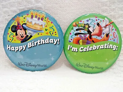 WDW Disney Happy Birthday Mickey & I'm Celebrating Goofy Button Pin Lot Set Of 2 • $1.99