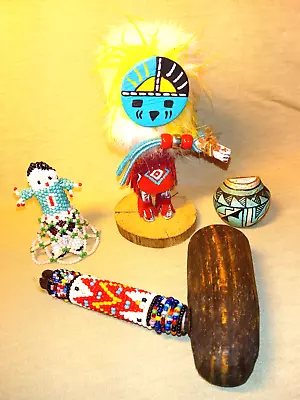 Vtg NATIVE AMERICAN Kachina Beaded Pipe Doll Pottery POT MAGNET SUNFACE Signed • $13.99