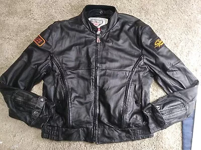 First Gear Hein Gericke Heavy Leather Motorcycle Jacket Harley Patches Sz L • $135