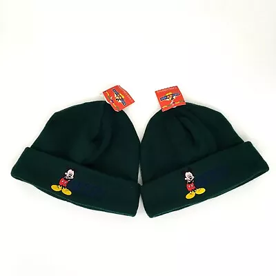 Vintage Mickey Mouse Unisex Green Fleece Beanie Hats OS Matching Set Of 2 • $25