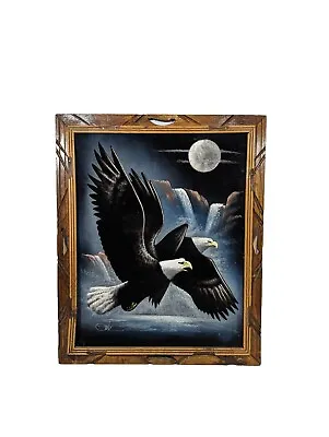 Black Velvet Double Pair Two Bald Eagles Framed Art Painting  Mexico Elvis 19X22 • $62.99