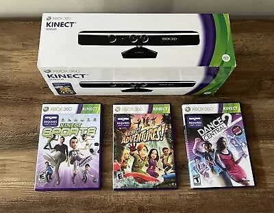 Microsoft Xbox 360 Genuine Kinect Sensor In Box W/ 3 Games Tested & Works! Clean • $35
