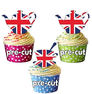 PRECUT Union Jack Tea Party Cupcake Toppers Cake Decorations King Coronation • £3.75