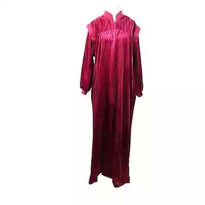 Vintage 80s Lisanne Burgundy Red Velvet Zip Front Dressing Gown Robe M • £29.19