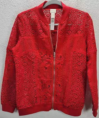 Chico's 0 Womens Crochet Zip Front Sheer Bomber Jacket Sz S Red Polyester • $30.59