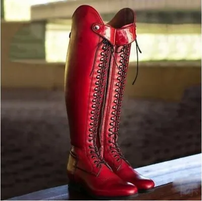Women Knee High Knight Boots Low Heels Lace Ups Round Toe Combat Biker Shoes  • $44.51