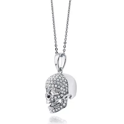 Sterling Silver Skull Pendant Necklace With CZ Stones Perfect Christmas Gift • £36.80