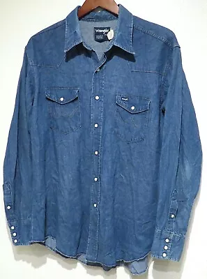 Vtg Wrangler BLUE JEAN Western Shirt 17.5/35 Snaps Cowboy XL Denim 90s Made USA • $29