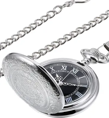 Hicarer Quartz Pocket Watch For Men With Black Dial And Chain Silver  • $17.69