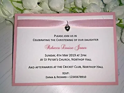 £25 • Buy Christening Invites - Baby Pink Ribbon & Silver Heart Charm - Personalised (20)