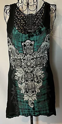 NWT Vocal Rhinestone Tunic Tank Top Crochet Back Cross & Wings Teal/Black L • $14.99