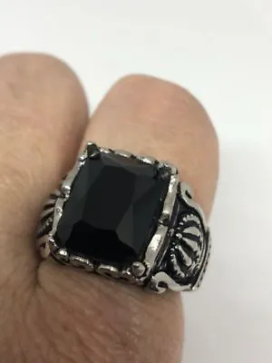 Vintage Silver Stainless Steel Genuine Black Faceted Jet Size 9 Men's Ring • $36