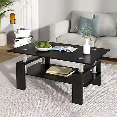 Black High Gloss Glass Cocktail Coffee Table Center For Living Room With Storage • $109.99