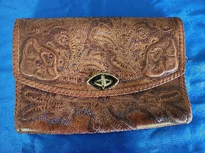 Vintage Leather Clutch/Handbag Western Hand Tooled Brown Floral Insert • $18