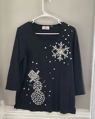 Quacker Factory Womens Medium Embellished Jewels Black Shirt Snowman Snowflake • $12.99