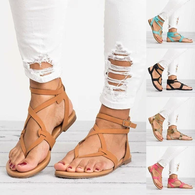 Gladiator Sandals Flats Toe Post Strappy Summer Comfy Shoes Women's Ladies Size▽ • £11.87