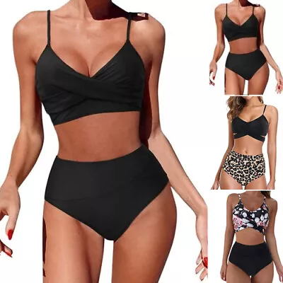 Women Sexy Soild Print Bikini Set Push Up Bathing Swimwear High Waist Swimsuit • £3.99