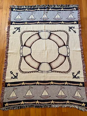 SAILBOAT Tapestry THROW BLANKET Nautical LIFE RING 50x67 BLUE IVORY Fringe Boats • £19.28