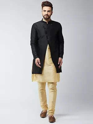 Sojanya  Men's Silk Cream  White Kurta Churidaar Pyjama & Black Sherwani Jacket • £24.99