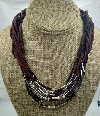 Chocolate Brown Multi Strand Silky Corded Necklace Silver Tone Curved Tube Boho • $9.96