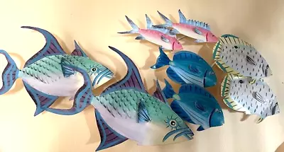 School Of Fish Hanging Wall Art Sculpture Aqua Blue Metal Coastal Nautical 3D • $38.99