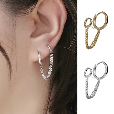 £2.39 • Buy 1Pc Women Double Hoops Huggie With Chain Drop Dangle Earrings Jewelry Gifts Cool